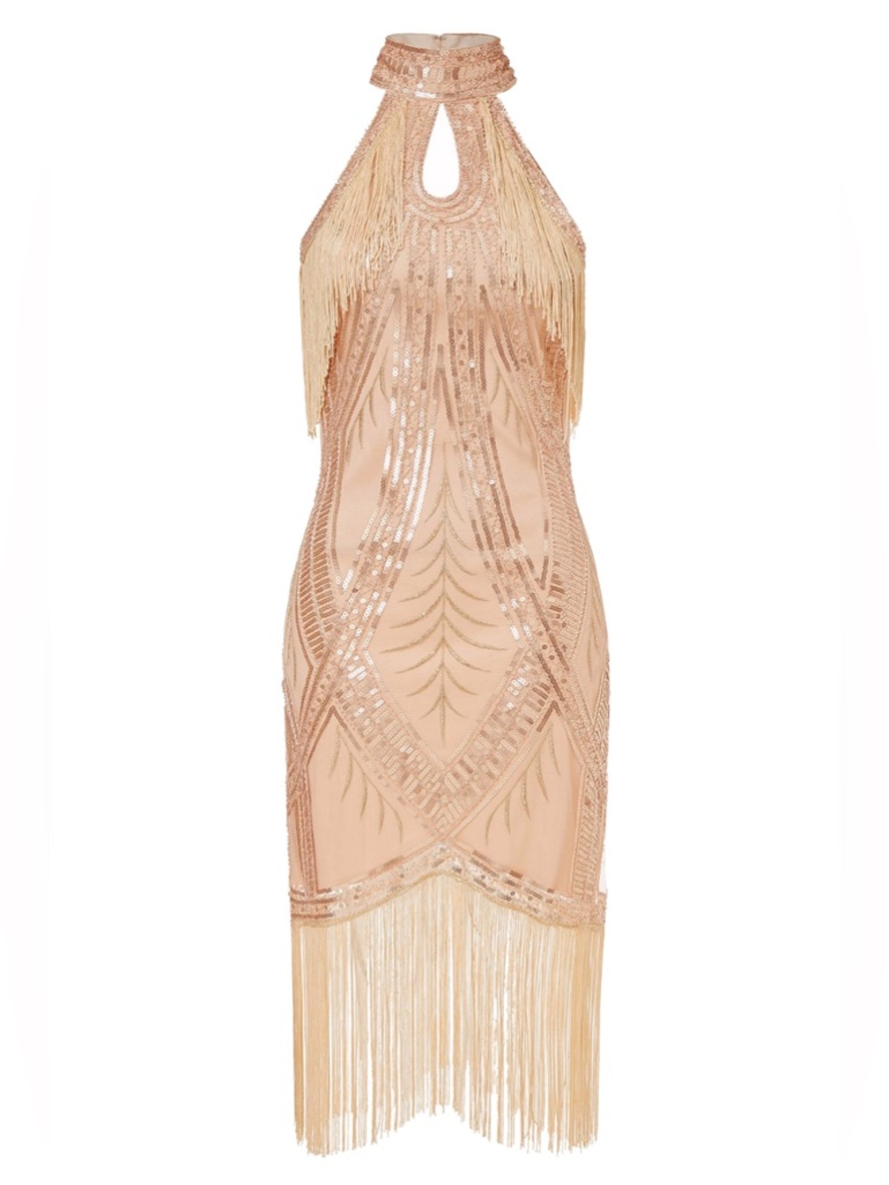 BABEYOND Champagne Gold Sequin Beaded Fringe Halter Gatsby Flapper Dress Med
